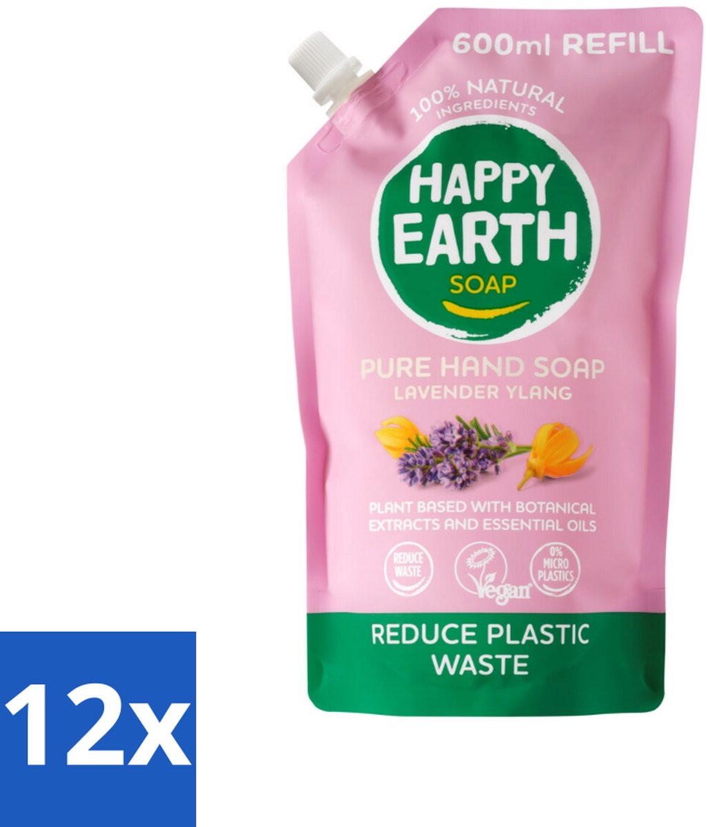 12 x Happy Earth – Handzeep Navulling – 100% Natuurlijk Lavender Ylang – 600 ml - Natuurlijke Handzeep - Navulverpakking - Lavendel - Ylang - Vegan Handzeep