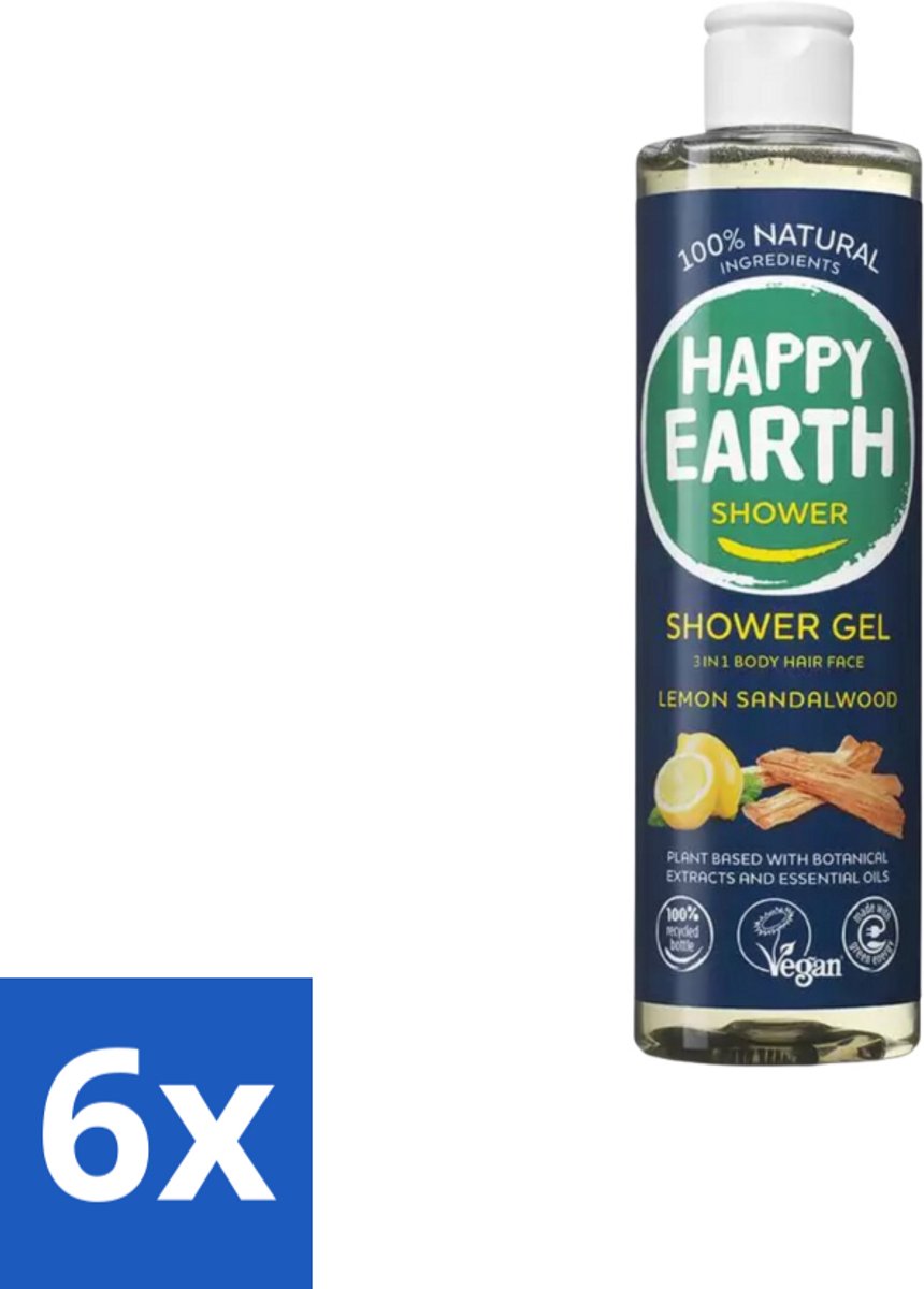 6 x Happy Earth – Douchegel – 100% Natuurlijk Men Protect – 300 ml - Douchegel Mannen - Natuurlijke Douchegel - Vegan Douchegel - Gezichtsreiniging - Haarreiniging