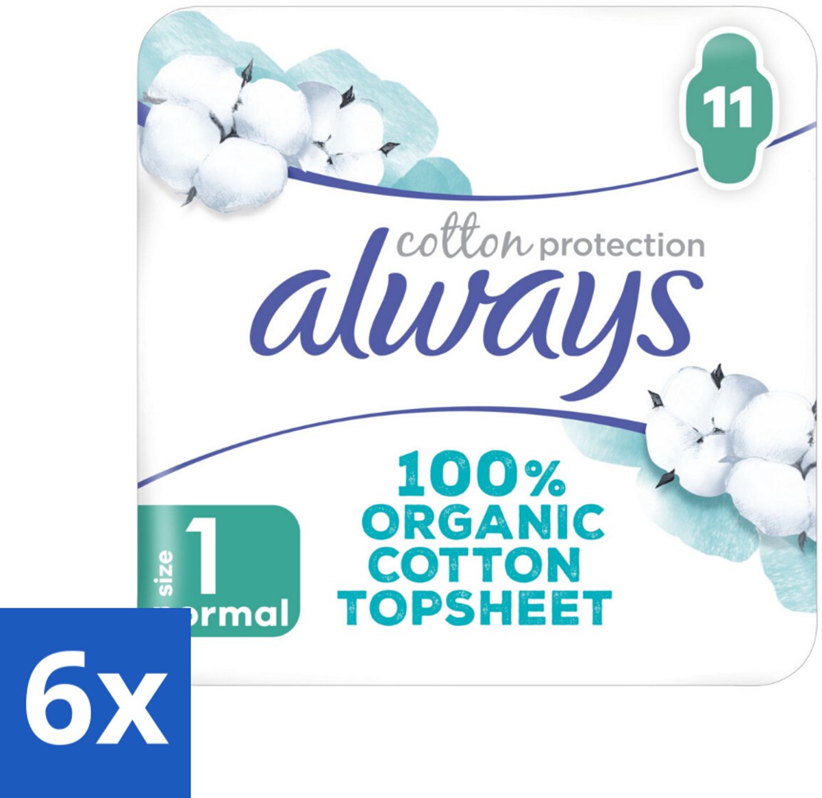 6 x Always – Maandverband – Bio Cotton Protection Ultra Normal met Vleugels – 11 stuks per verpakking - Maandverband - Bio Katoen - Menstruatiebescherming - Vleugels - Huidvriendelijk