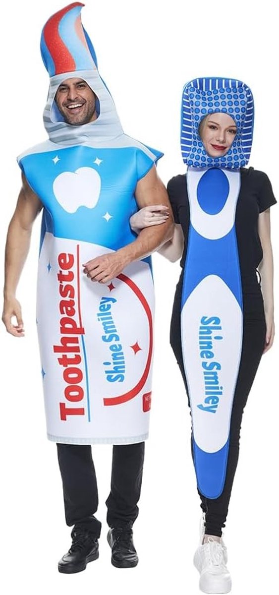 Spookachtig tandenborstel en tandpasta kostuum voor koppels, Halloween outfit voor volwassenen, unisex, 2-delig set met accessoires