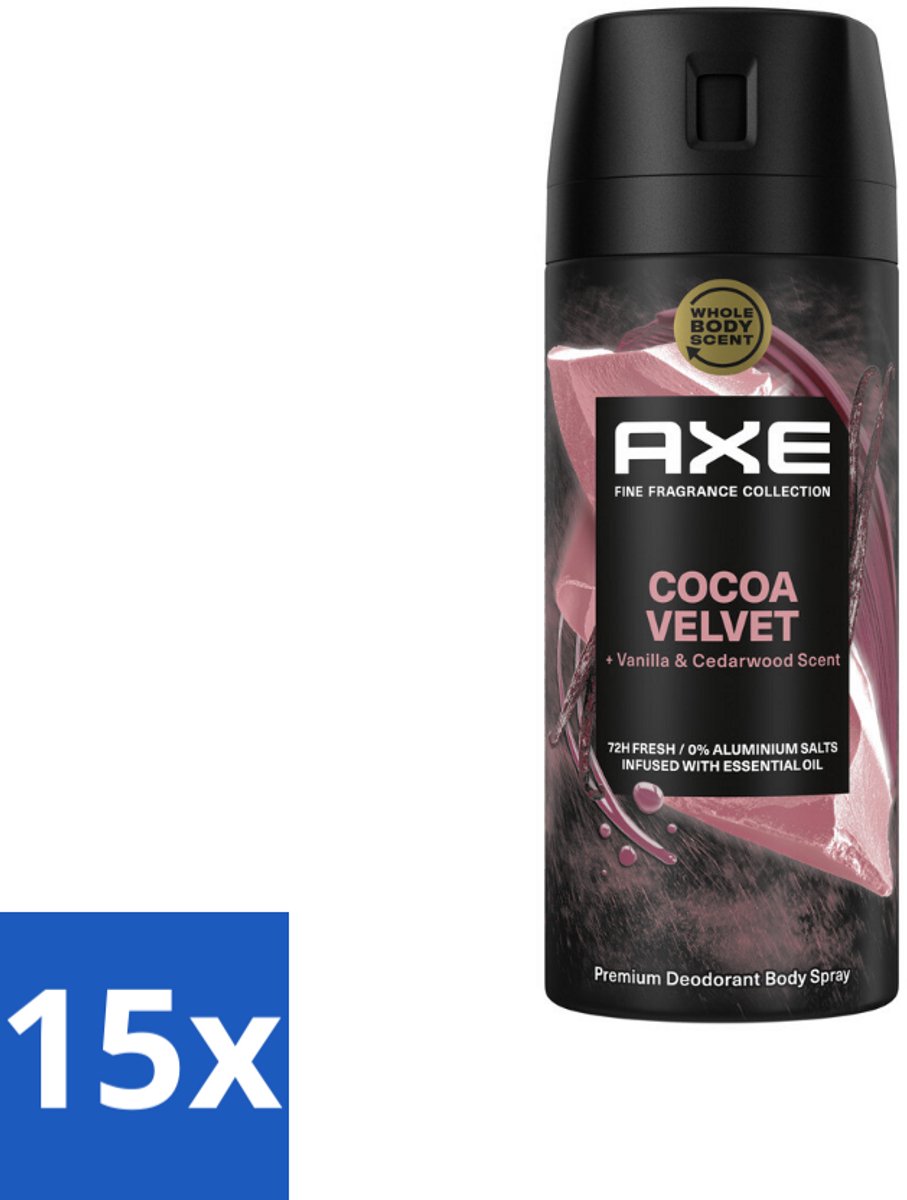 15 x Axe – Deodorant – Cocoa Velvet – 150 ml - Deodorant Bodyspray - Frisheid - Lichaamsgeur - Warme Geur - Vanille