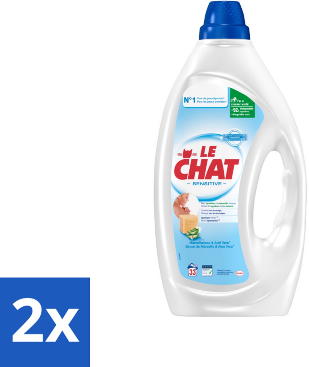 2 x Le Chat – Vloeibaar Wasmiddel – Sensitive – 1,485 L - Gevoelige Huid - Hypoallergen - Wasmiddel - Wasmiddel Voor Gevoelige Huid - Marseille Zeep