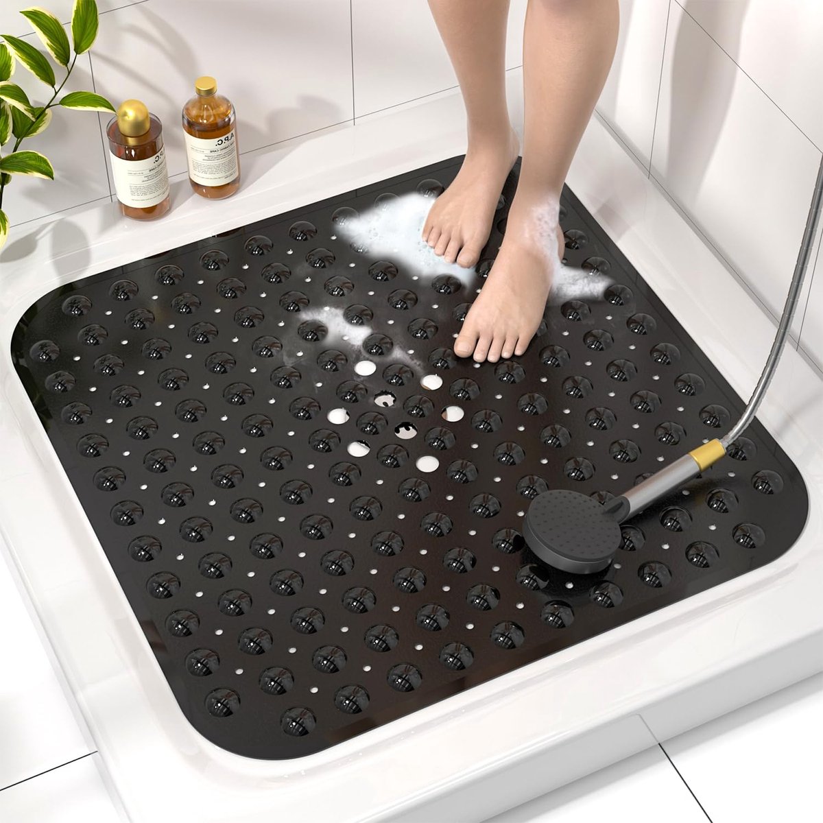 Antislip Douchemat met Zuignappen – Vierkante Badmat – Machinewasbaar – Sneldrogend – 53 x 53 cm – Zwart