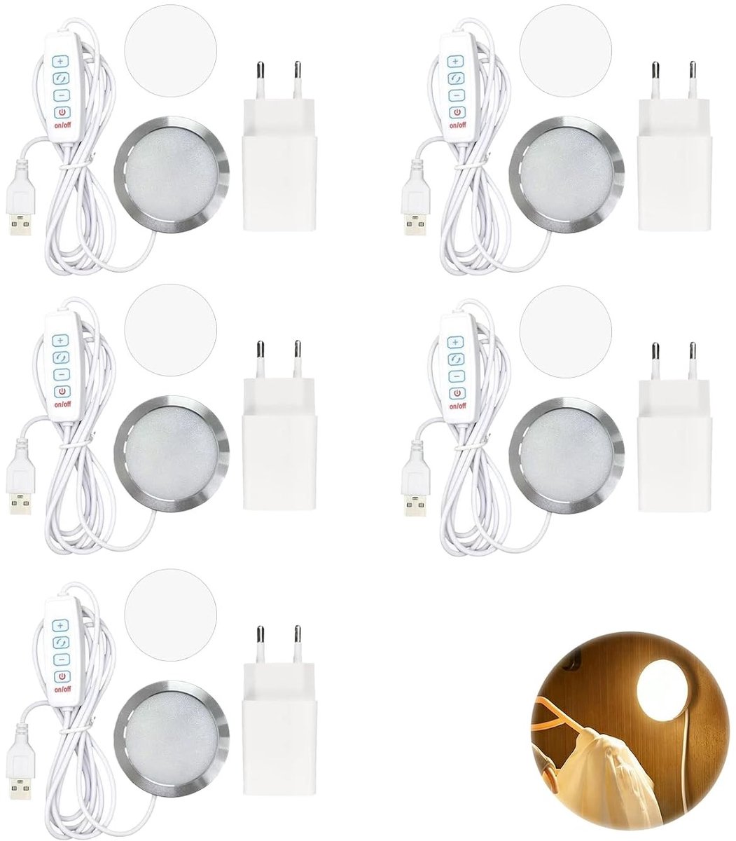 Set van 5 LED-lampen met 3000K warm licht voor 3D-printers en DIY-projecten, USB-aangedreven met drie kleurinstellingen en oplader inbegrepen
