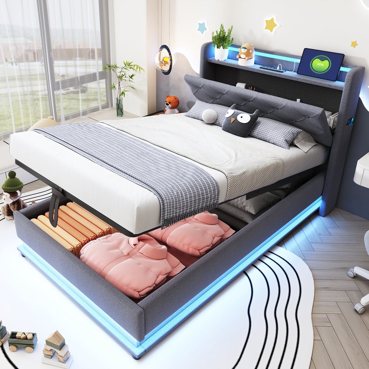 Gepolsterd Kinderbed 90x200 cm - Met Opbergruimte - Met USB-aansluiting - Met Stopcontact - Grijs