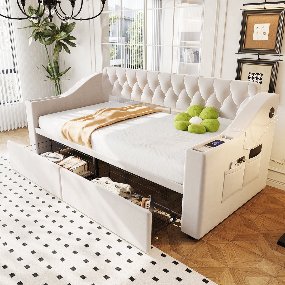 Slaapbank 90x190 cm - Met Opbergruimte - Met USB-aansluiting - Met Fluweel - Beige