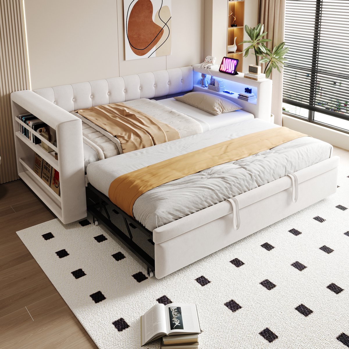 Slaapbank 180x190 cm - Met Opbergruimte - Met LED-verlichting - Met Stopcontact - Beige