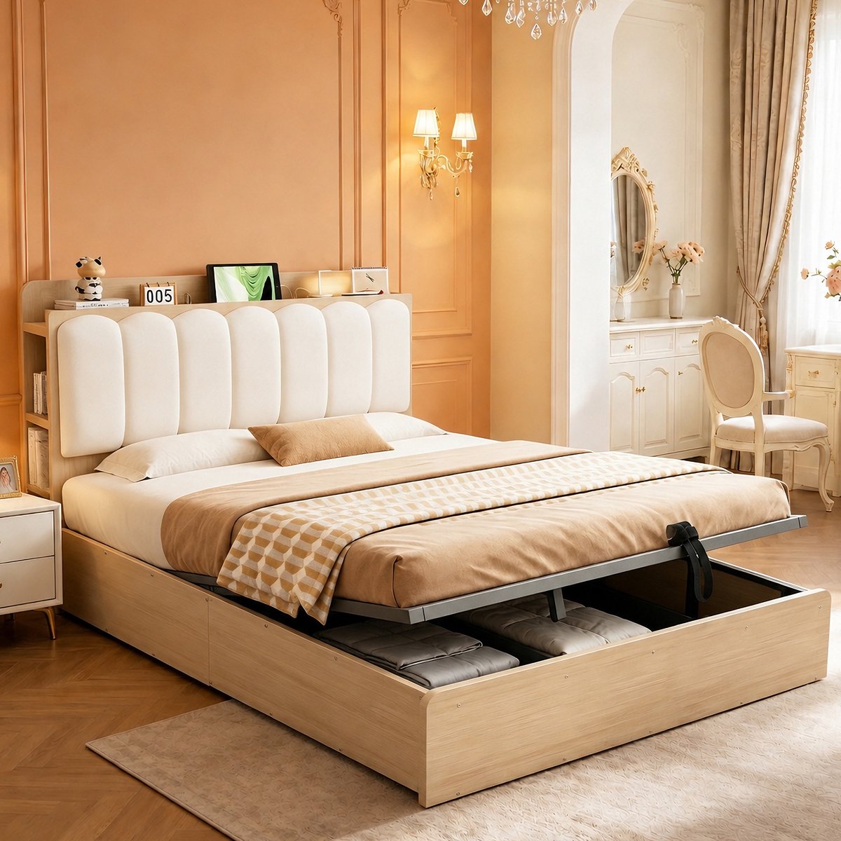 Gepolsterd Bed 140x200 cm - Met Opbergruimte - Met USB-aansluiting - Met Hoofdeinde - Naturel Hout