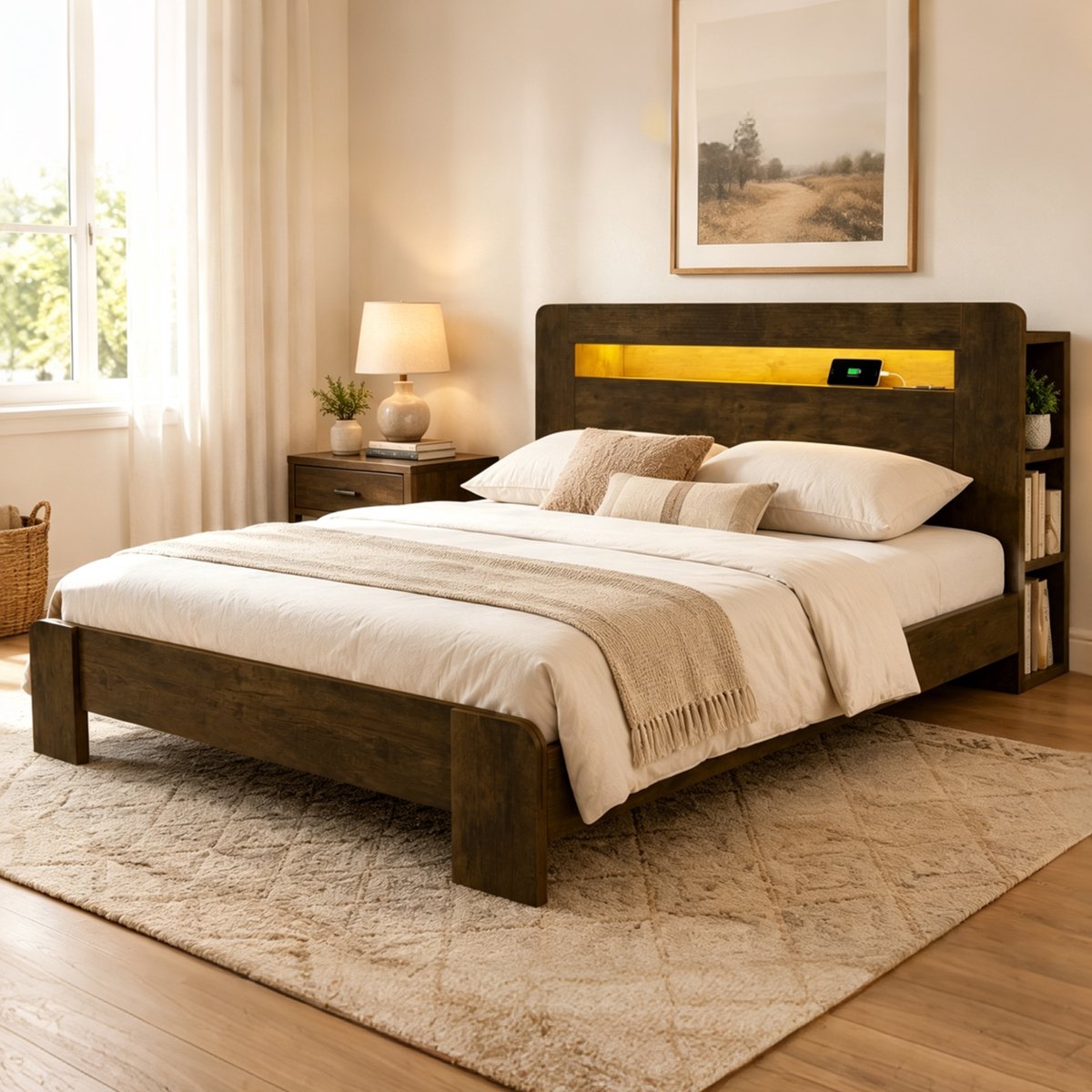 Houten Bed 140x200 cm - Met Opbergruimte - Met LED-verlichting - Met Stopcontact - Hout