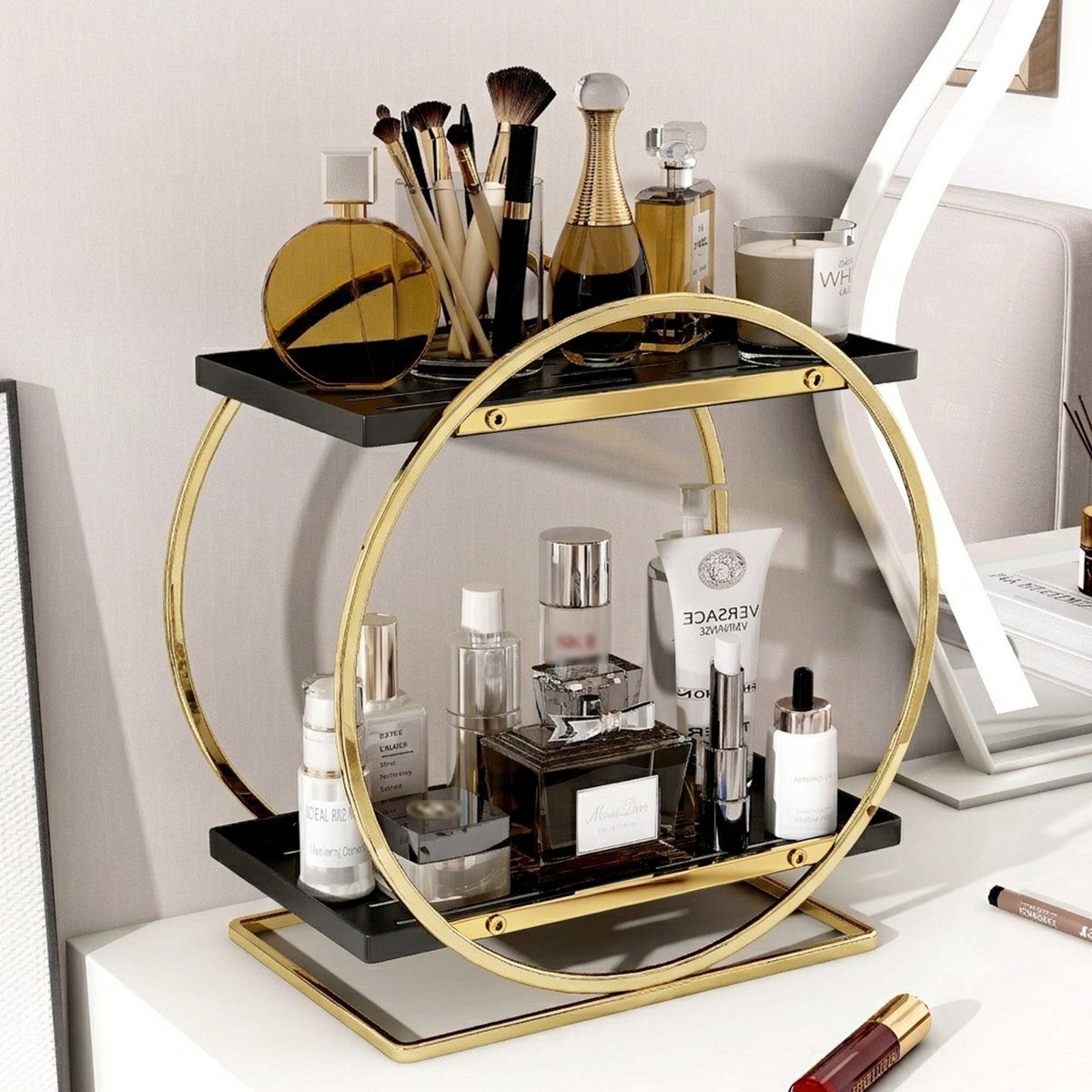 MAGICSHE Make Up Organizer - Parfum Organizer Staal - Parfum Display - 2-Laags - Metalen Beauty En Parfum Organizer Voor Slaapkamer, Badkamer - Opbergdoos Cosmetica Goud