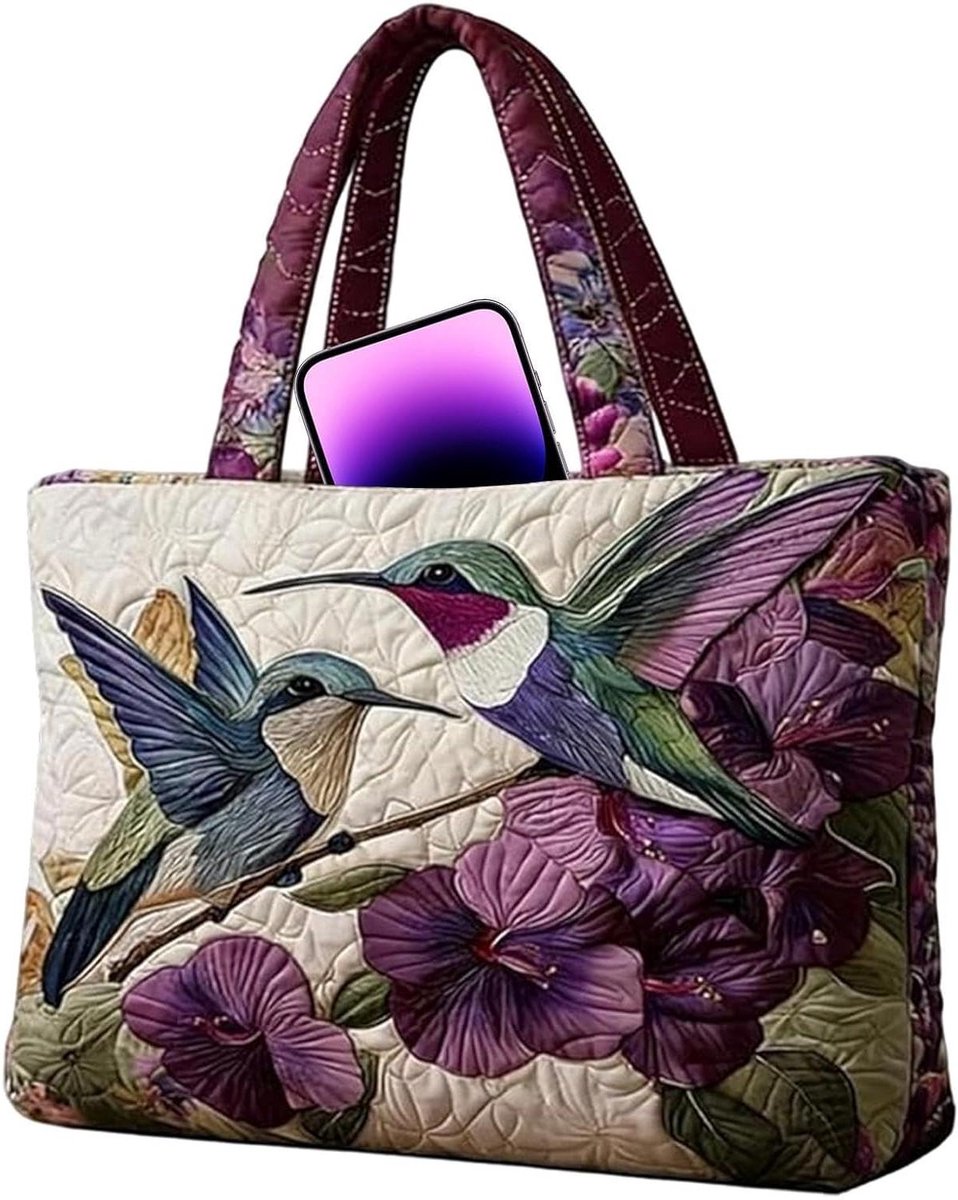 Gequilte Tote Bag - Dames Sporttas - Dagelijks Gebruik - Stijlvol Bloemenpatroon - 43x40x10 cm - Kolibrie
