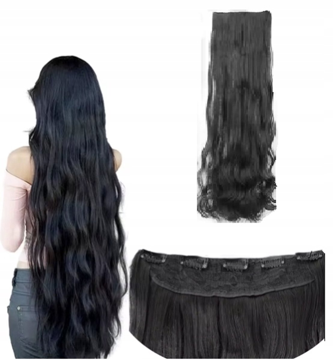 Zwarte Golven Clip-in Haarverlenging 87 cm Synthetisch