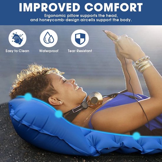 Zelfopblazende Slaapmat - Luchtbed Camping - Comfortabel Slapen - Geïntegreerde Voetpomp - 8 cm Dik - Blauw — afbeelding 3