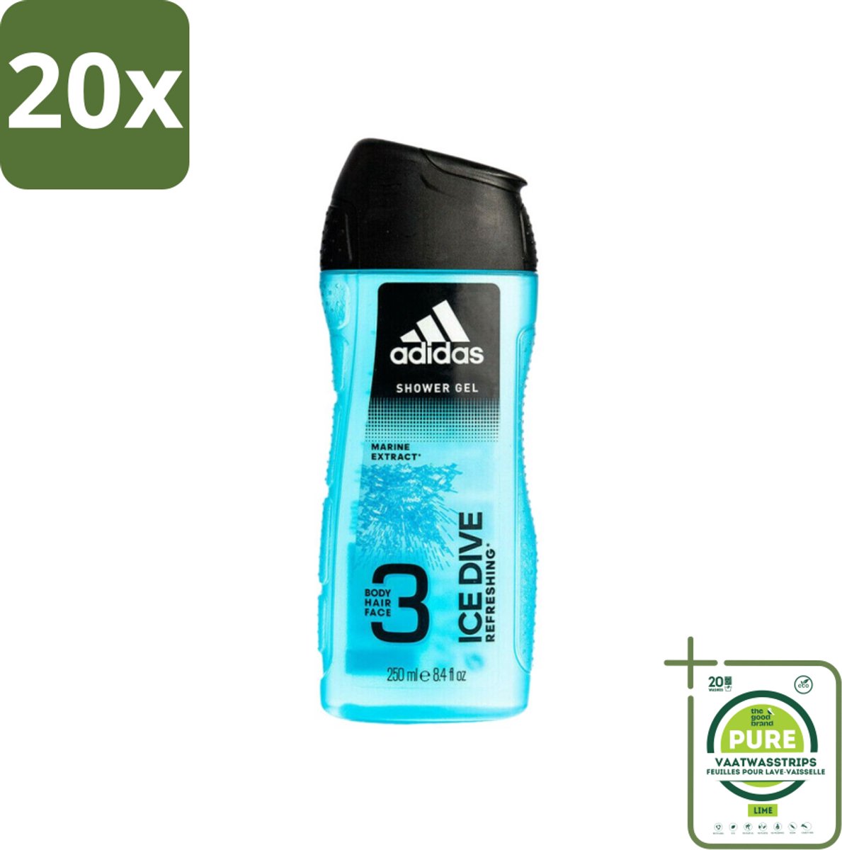 20 x Adidas - 3-in-1 Douchegel - Ice Dive Refreshing - Marine Extract - 250 ml - Grootverpakking - Adidas Ice Dive Douche & Shampoo - Verfrissend - 2-in-1 - Lichaam En Haar - Sportieve Verzorging