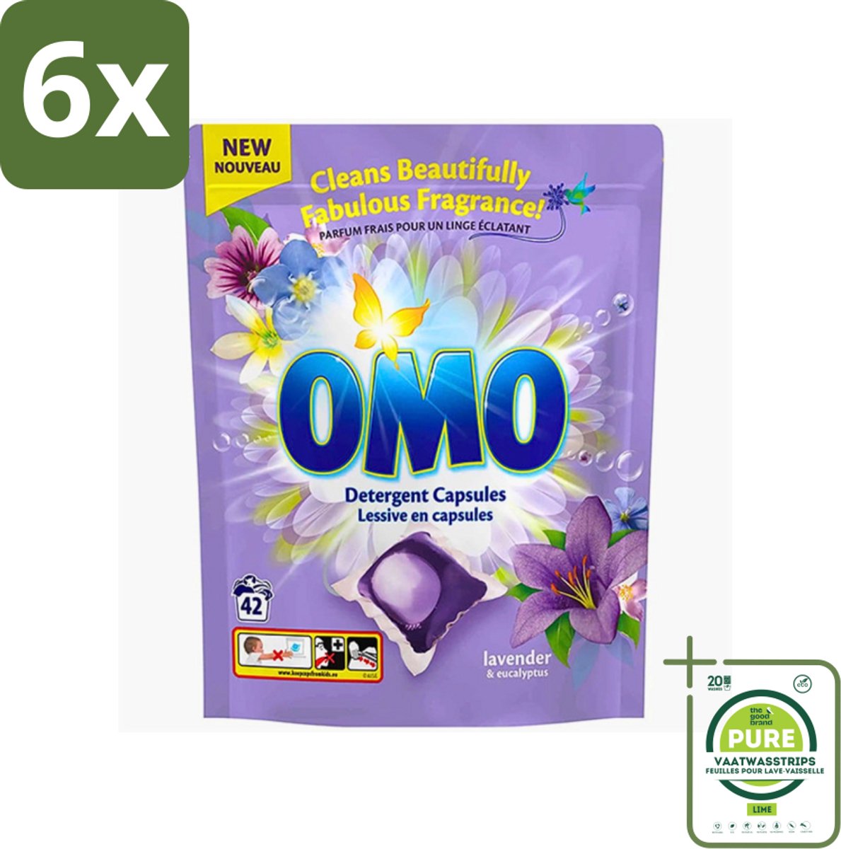 Omo - Wascapsules - Lavendel & Eucalyptus - Krachtige geur - 42 Capsules - Voordeelverpakking - 6 stuks - Wascapsules Lavendel en Eucalyptus - Geleid wasmiddel