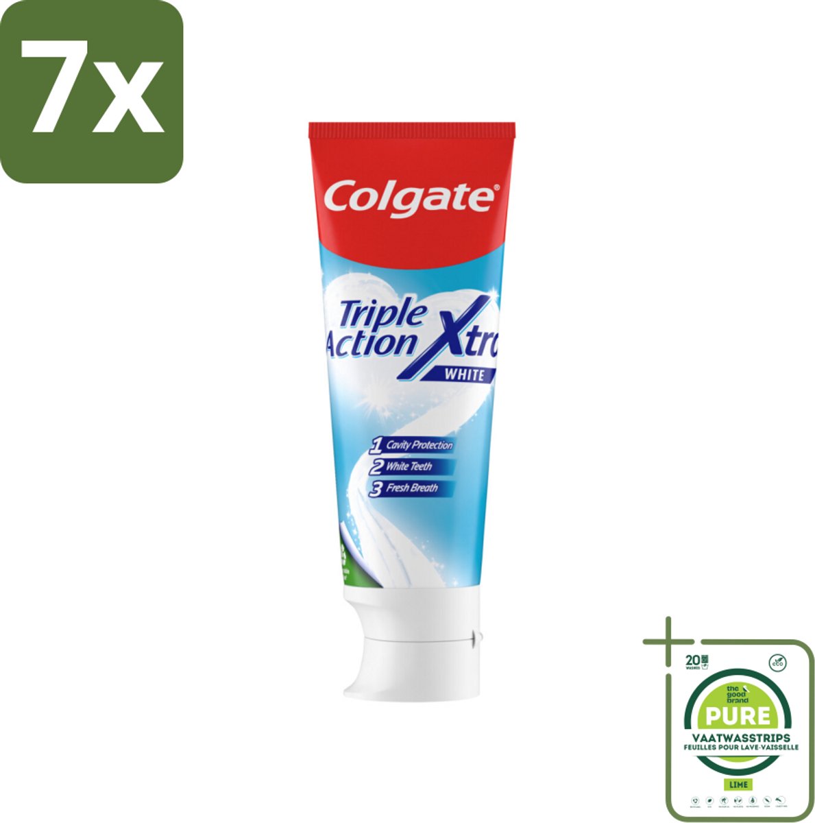 7 x Colgate Tandpasta Triple Action Xtra White 75 ml - Grootverpakking - Tandpasta - Gaatjes - Wittere Tanden - Frisse Adem - Mondverzorging