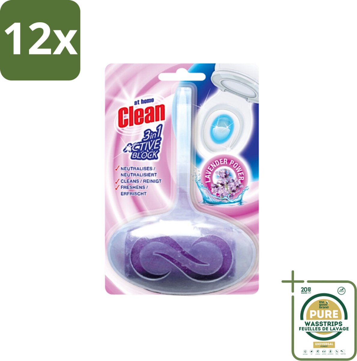 At Home - Clean - Toiletblok - 3in1 Active - Lavender Power - Neutraliseert & Reinigt - 1 Blok - Voordeelverpakking - 12 stuks - Toilet frisheid - Toilet geuren neutraliseren