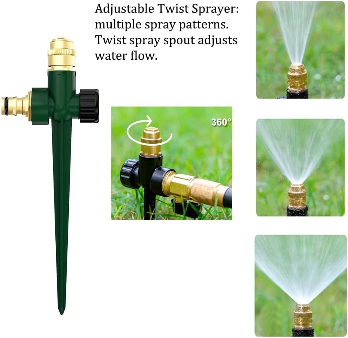 Automatische Tuinsproeier met Metalen Spike, Verstelbare Messing Spuitmond voor 360 Graden Besproeiing, Ideaal voor Tuinirrigatie en Grote Oppervlakten