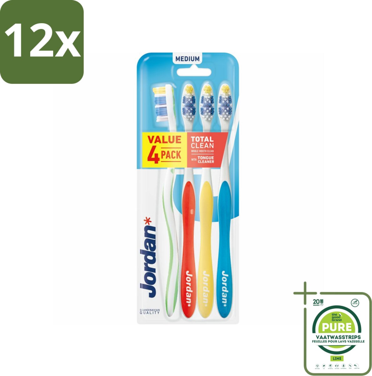 Jordan Tandenborstel Total Clean Medium 4-pack 4 stuks per verpakking - Voordeelverpakking - 12 stuks - Tandenborstel - Mondhygiëne