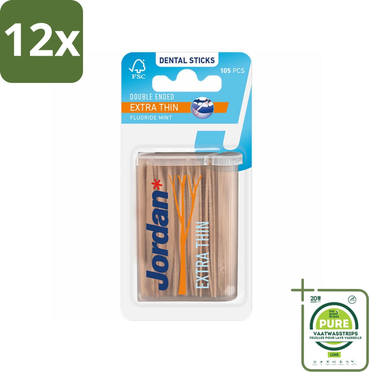 Jordan Tandenstokers Double Ended Extra Thin 105 stuks per verpakking - Voordeelverpakking - 12 stuks - Tandenstokers - Interdentale ruimtes