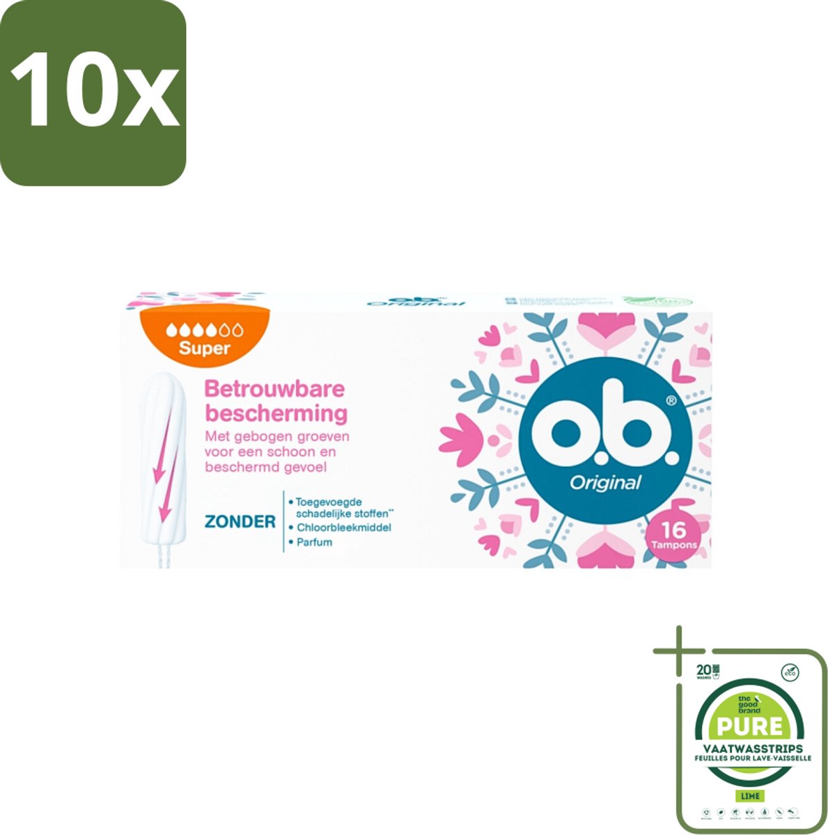 10 x o.b. Tampons - Original Super - Gebogen Groeven - Voor Betrouwbare Bescherming - 16 Tampons - Grootverpakking - Tampons - Menstruatiebescherming - Gebogen Groeven - StayDry - Plantaardige Kern