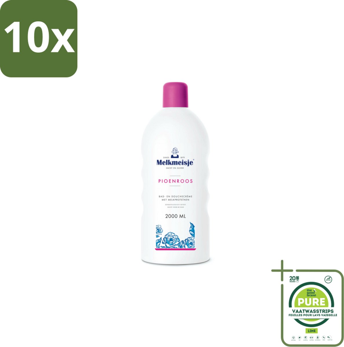 10 x Melkmeisje Bad en Douche Crème Pioenroos 2000 ml - Grootverpakking - Douchecrème - Melkproteïnen - Katoen - Huidverzorging - Pioenroos
