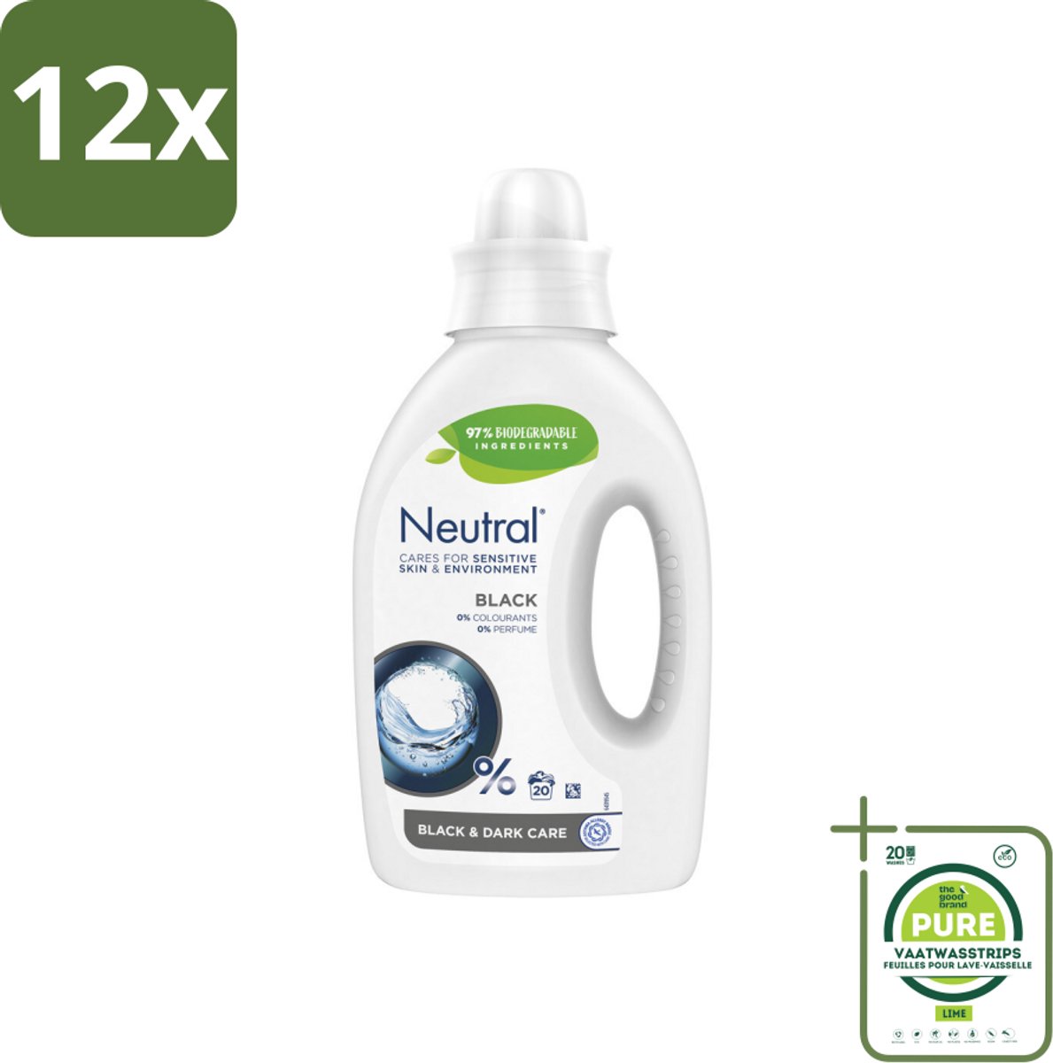 Neutral Vloeibaar Wasmiddel Zwart 20 Wasbeurten 1 liter - Voordeelverpakking - 12 stuks - Donkere was - Zwart was