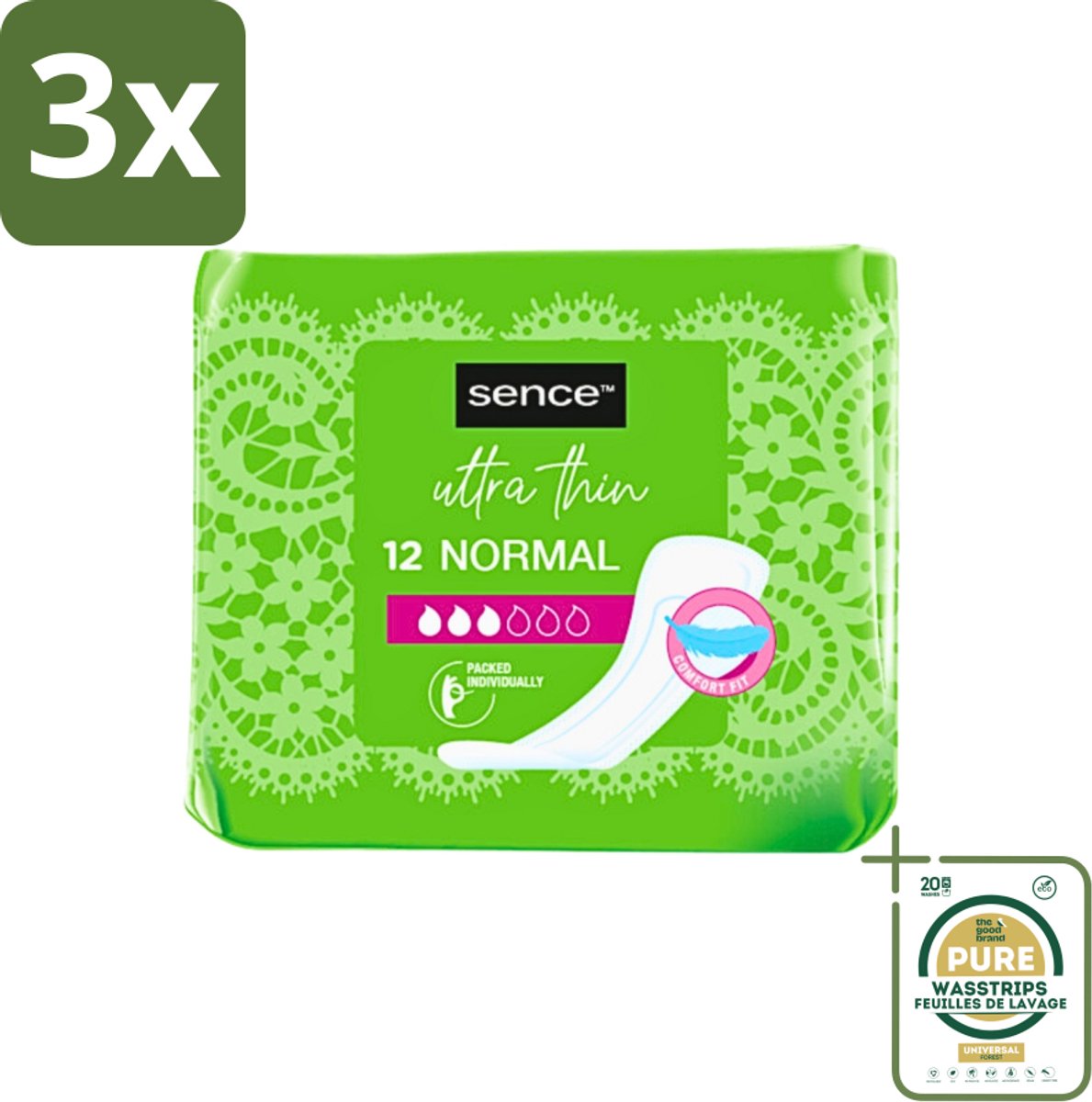 3 x Sence - Normaal - Maandverband - Zonder Vleugels - 12 Maandverbanden - Grootverpakking - Maandverband - Menstruatie - Maandverband Zonder Vleugels - Normale Menstruatie - Hygiëne