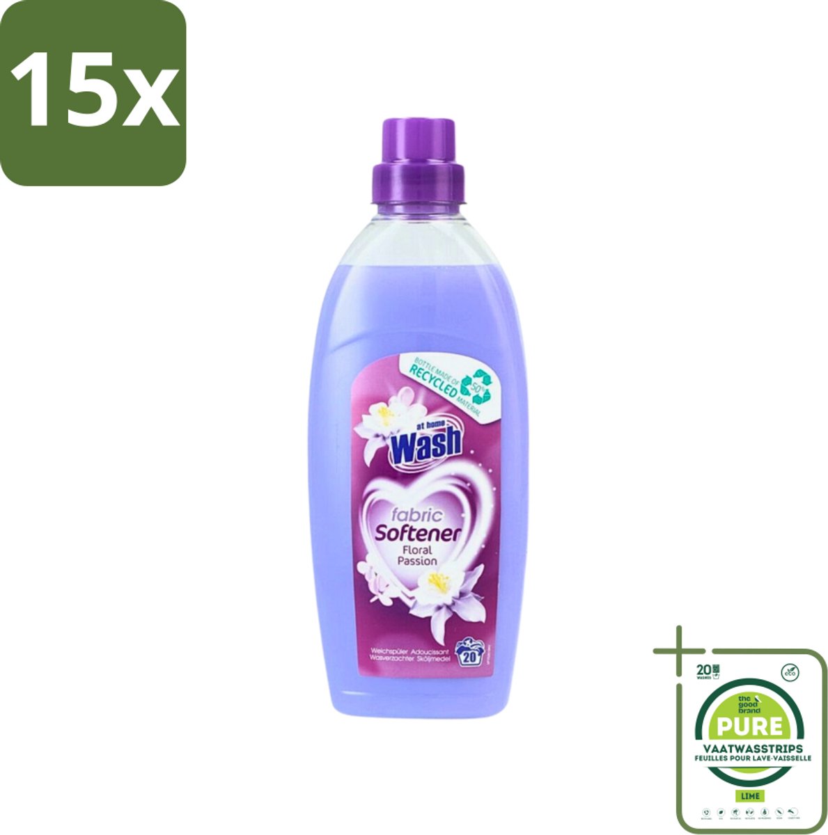 15 x At Home - Wash - Wasverzachter - Floral Passion - 20 Wasbeurten - Grootverpakking - Wasverzachter - Wasverzachter Geur - Wasverzachter Voor Kleding - Wasverzachter Voor Alle Stoffen - Wasverzachter Voor Katoen
