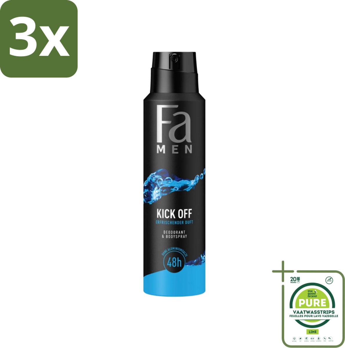 3 x Fa Men - Deodorant Lichaamsspray - Kick-Off - Verfrissend - 48 uur Bescherming - 150 ml - Grootverpakking - Deodorant Spray - 48 Uur Bescherming - Aluminiumvrije Deodorant - Verfrissend Deodorant - Huidvriendelijk Deodorant