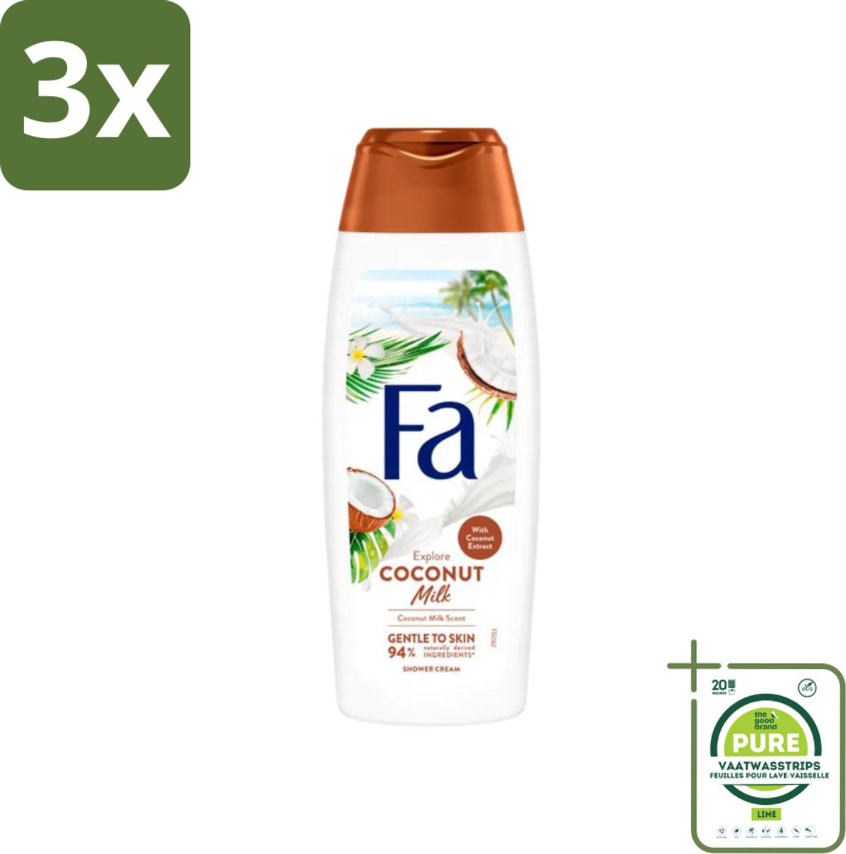 3 x Fa - Douchegel - Coconut Milk - Hydraterend & Kalmerend - Verzachtend - 250 ml - Grootverpakking - Douchegel Kokosmelk - Hydraterende Douchegel - Kalmerende Douchegel - Kokos-extract Douchegel - Amandelolie Douchegel