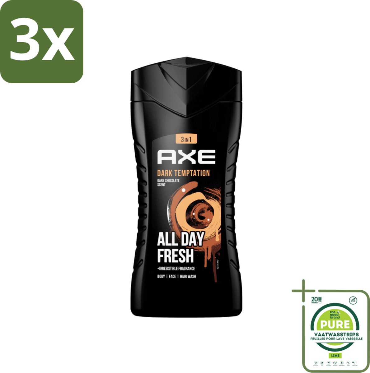 3 x Axe - 3-in-1 Douchegel - Dark Temptation - Dark Chocolate - 250 ml - Grootverpakking - Axe Dark Temptation Douchegel - 3-in-1 Douchegel - Chocolade Geur - Douchegel Voor Lichaam - Douchegel Voor Gezicht
