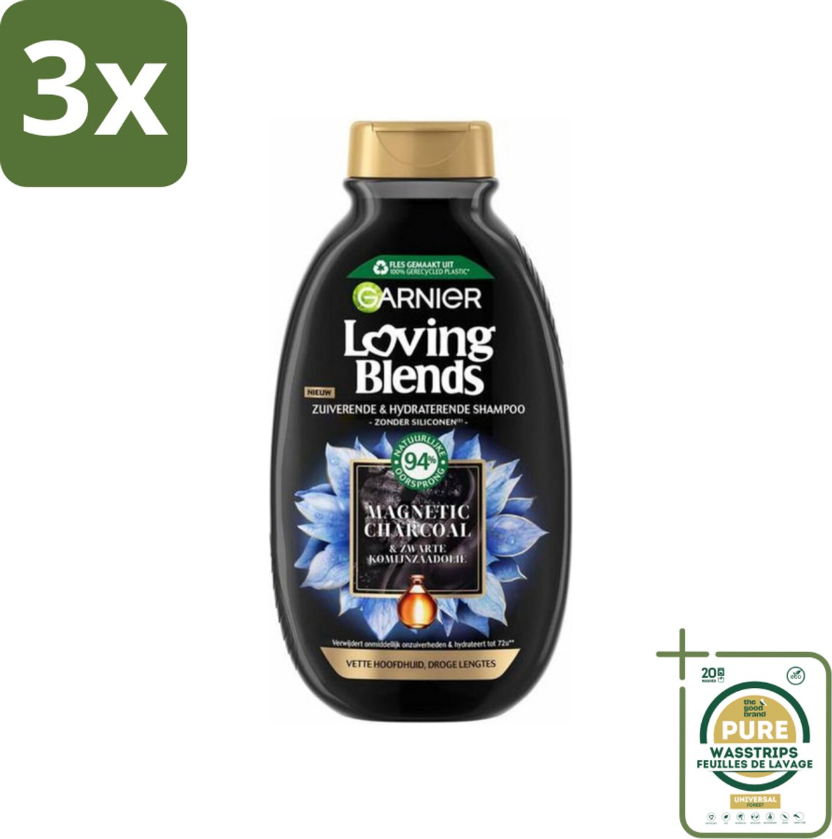 3 x Garnier Loving Blends Magnetic Charcoal Shampoo 300 ml - Grootverpakking - Vette Hoofdhuid - Droge Haar - Zuivering - Hydraatatie - Magnetische Koolstof