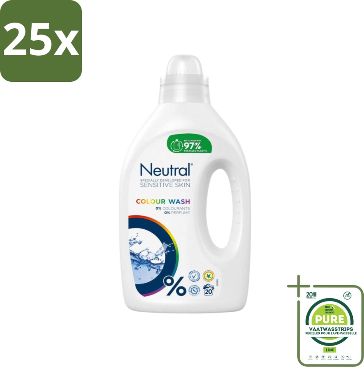 25 x Neutral Vloeibaar Wasmiddel Kleur 20 Wasbeurten 1 liter - Grootverpakking - Gekleurde Was - Wasmiddel - Wasmiddel Zonder Parfum - Wasmiddel Zonder Kleurstof - Hypoallergeen Wasmiddel