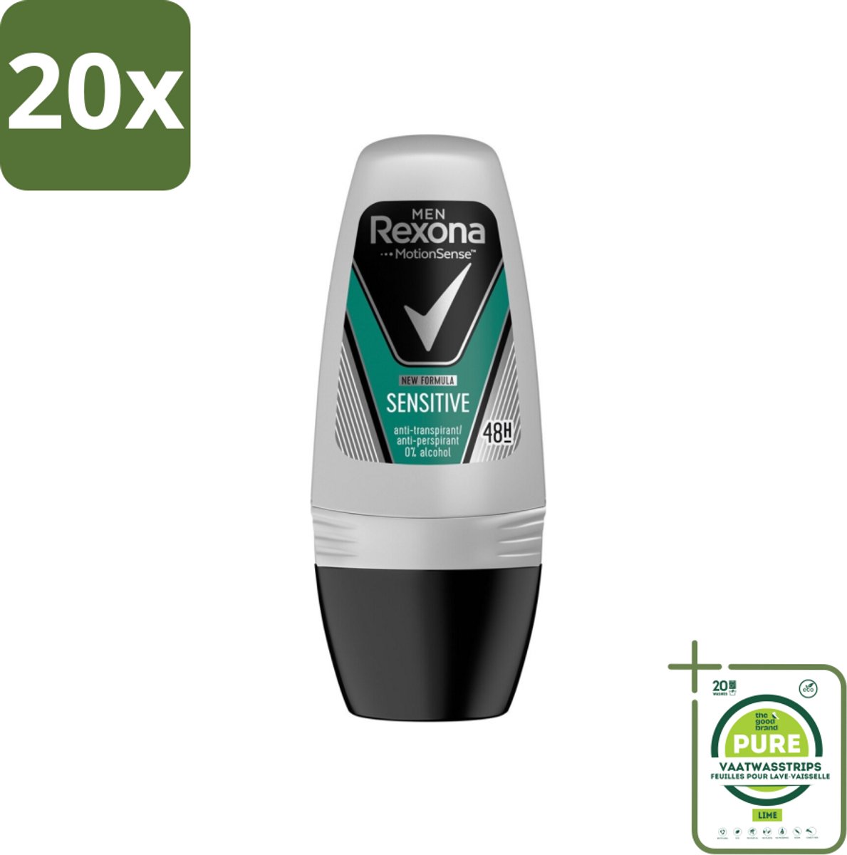 20 x Rexona Men - Sensitive - Deo Roll-on - Anti-transpirant - 50 ml - Grootverpakking - Deodorant Voor Gevoelige Huid - Mannelijke Deodorant - Roll-on Deodorant - Anti-transpirant - Zweetvermindering