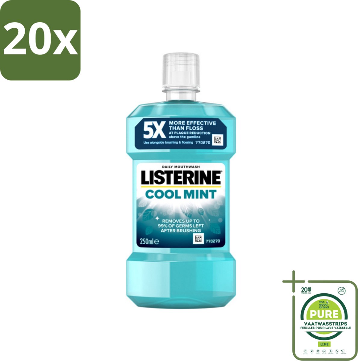 20 x Listerine - Mondwater - Cool Mint - 250 ml - Grootverpakking - Mondspoeling - Mondverzorging - Frisse Adem - Tandplak - Gezond Tandvlees