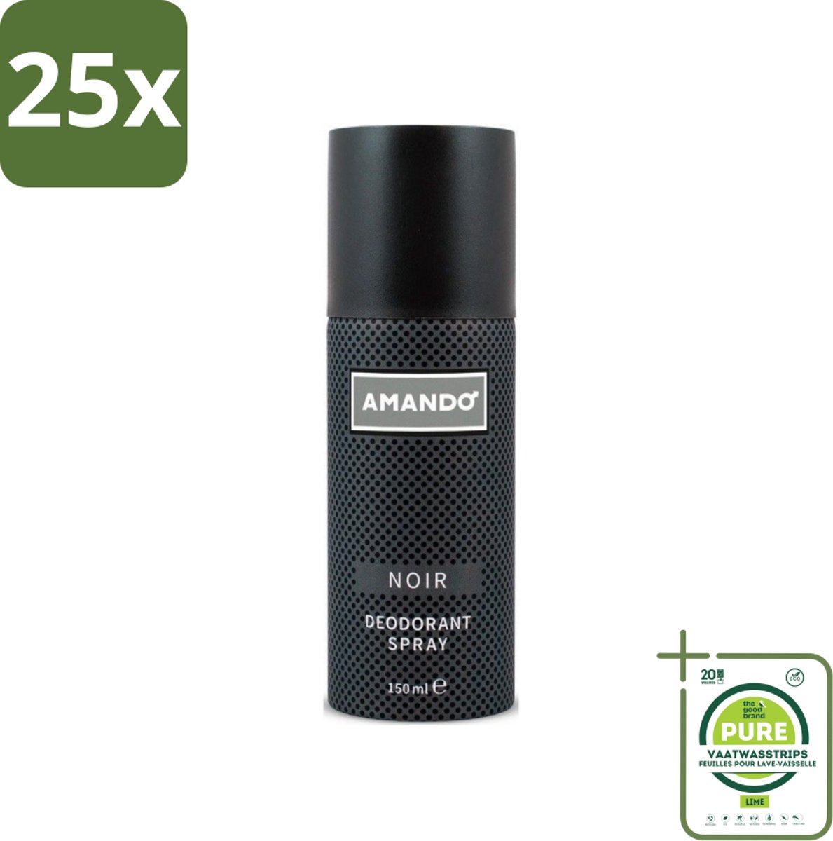 25 x Amando - Noir - Deodorant - Spray - 150 ml - Grootverpakking - Amando Noir Deodorant Spray - Deodorant Spray Voor Mannen - Klassieke Geur - Langdurige Bescherming - Mannelijke Geur