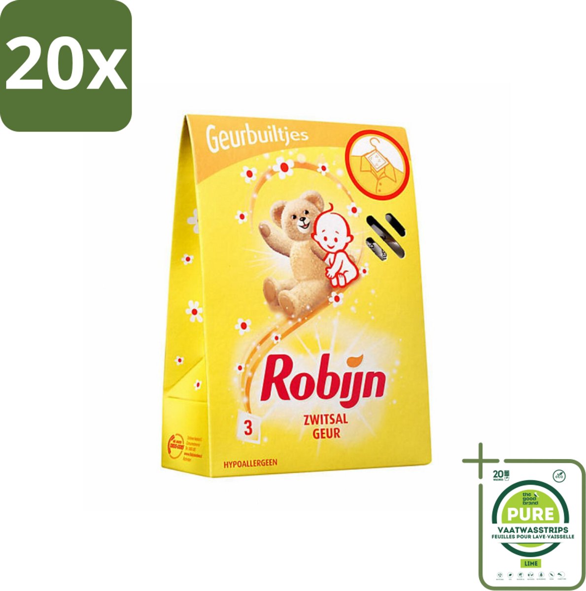 20 x Robijn Geurbuiltjes Zwitsal 3 stuks per verpakking - Grootverpakking - Zwitsal Geur - Babygeur - Geurbuiltjes - Kastgeur - Ladegeur