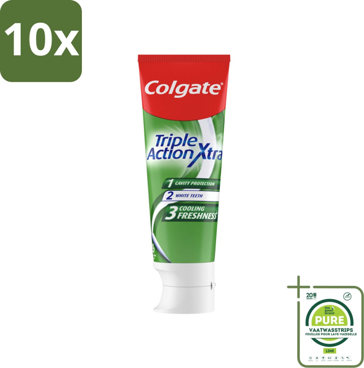 10 x Colgate Tandpasta Triple Action Extra Fresh 75 ml - Grootverpakking - Tandpasta - Gaatjes - Tanden - Frisse Adem - Witte Tanden