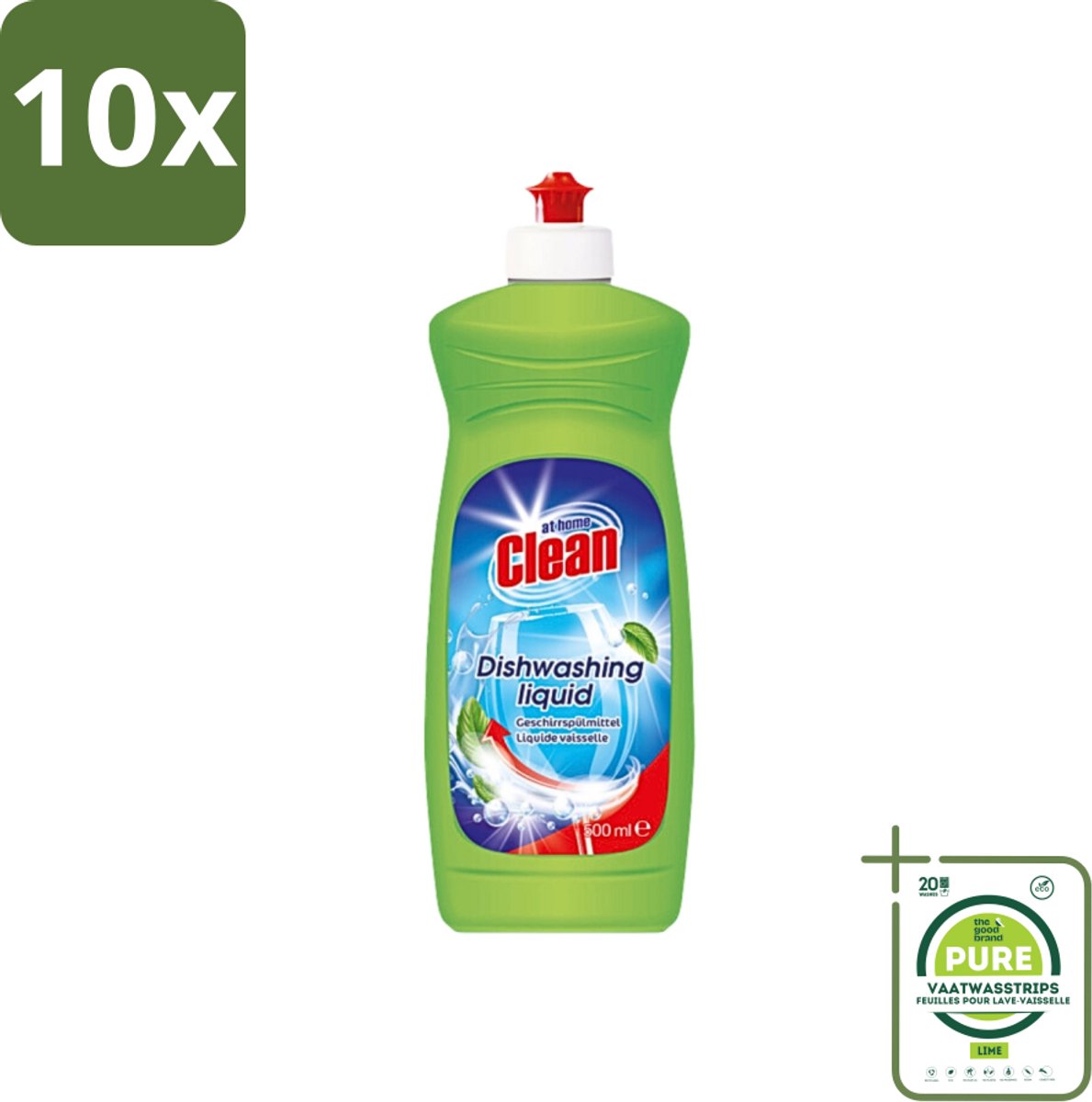 10 x At Home - Clean - Afwasmiddel - Ultra - Stralend Schone Vaat - 500 ml - Grootverpakking - Afwasmiddel - Vaat Reinigen - Vet Verwijderen - Schone Vaat - Mild Voor Handen
