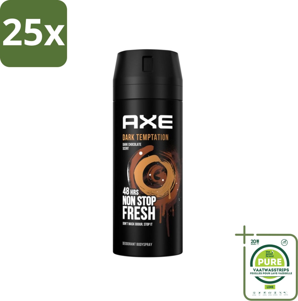 25 x Axe Deodorant Bodyspray Dark Temptation 150 ml - Grootverpakking - Axe Dark Temptation - Deodorant - Chocolade Geur - Rode Peperkorrels - Amber Geur