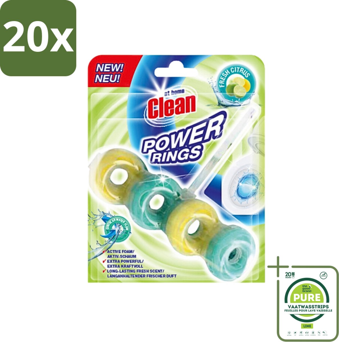20 x At Home - Clean - Toiletblok - Power Rings - Fresh Citrus - Extra Sterk - 1 Blok - Grootverpakking - Toiletblok - Toilet Reinigen - Citrusgeur - Power Rings - Toilet Reinigingsblok