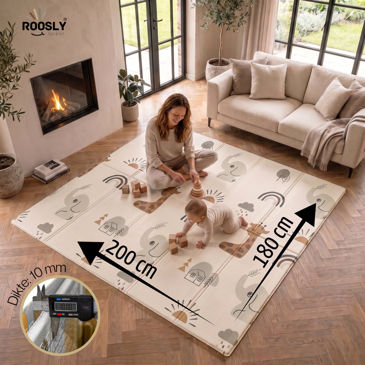 Roosly Speelmat Baby - Speelkleed Baby - Foam mat XPE 180 x 200 cm Dubbelzijdig en opvouwbare - Inclusief Opbergtas - babygym - kruipmat - playmat - speelgoed - Veilig & Zacht - model Safari – foto 2