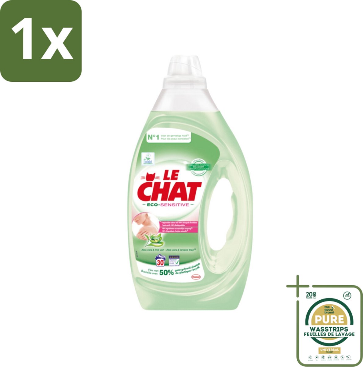 1 x Le Chat Eco-Sensitive - Vloeibaar Wasmiddel - Witte en Gekleurde Was - Aloë Vera & Groene Thee - 30 Wasbeurten- Eco-gevoelig Wasmiddel - Gevoelige Huid - Wasmiddel Gel - Duurzame Was - Wasmiddel Voor Gekleurde Was