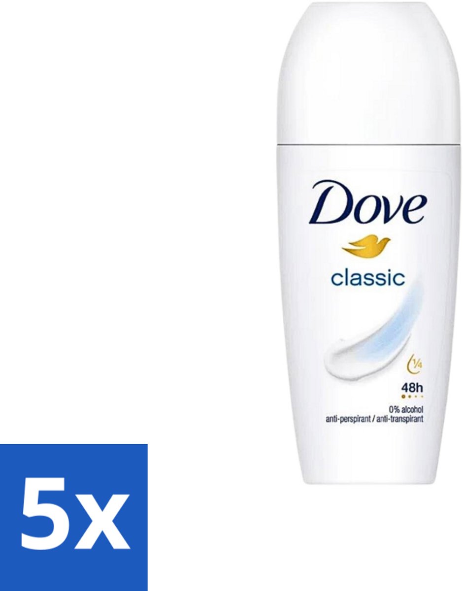 5 x Dove Classic - Deodorant Roll-on - 50 ml - Bescherming Tegen Transpiratie - Okselbescherming - Deodorant - Hydraterende Okselcrème - Dagelijks Gebruik