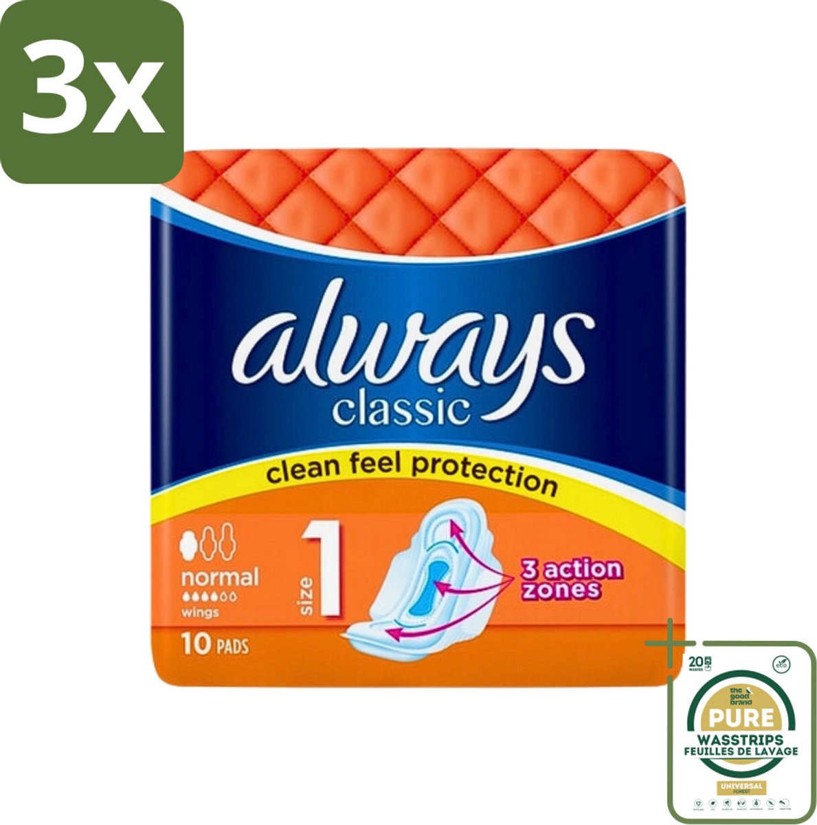 3 x Always Classic - Maandverband - Normaal met Vleugels - 10 Maandverbandjes - Grootverpakking - Maandverband - Menstruatie - Bescherming - Vleugels - Normale Menstruatie
