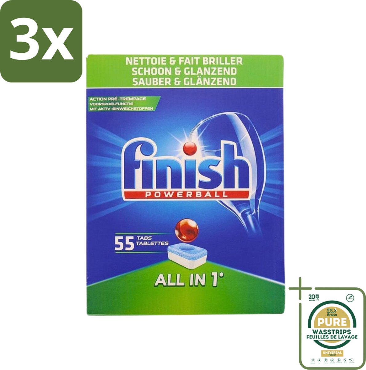3 x Finish Powerball - All in 1 - Vaatwastabletten - Schoon & Glans - 55 Tabletten - Grootverpakking - Vaatwasmiddel - Vaatwastablet - Vaat Reinigen - Glans Behouden - Vaat Reinigen Zonder Voor Spoelen