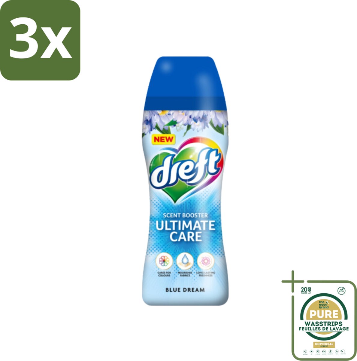 3 x Dreft - Ultimate Care - Wasverzachter - Geurbooster - Gekleurde Was - Blauwe Droom - 15 Wasbeurten - Grootverpakking - Wasmiddel - Geurbooster - Wasverzachter - Kleurbescherming - Wasgeur