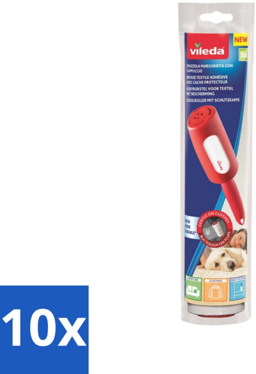10 x Vileda - Lintroller - Pluisverwijderaar - Inclusief Beschermkap - 30 Vellen - Pluisverwijderaar - Pluisjes Verwijderen - Stofdeeltjes Verwijderen - Haren Verwijderen - Textiel Reinigen