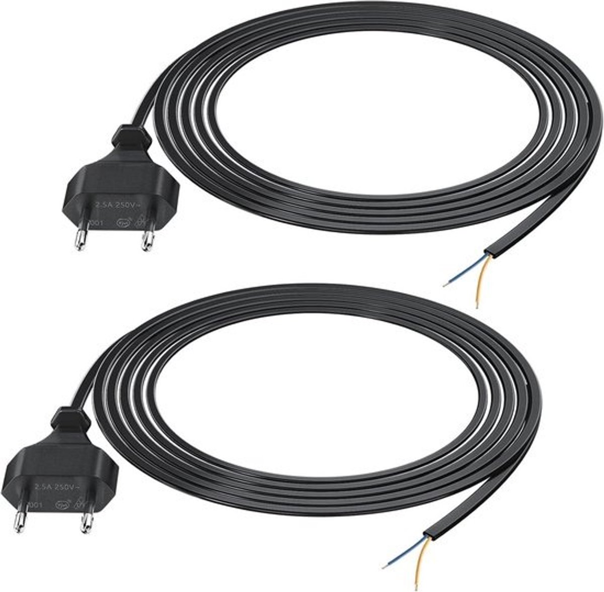 Stroomkabel 2-polig 3m - 2 stuks, Eurostekker naar open kabeluiteinde, 250V, 2,5A, 2x0,75mm²